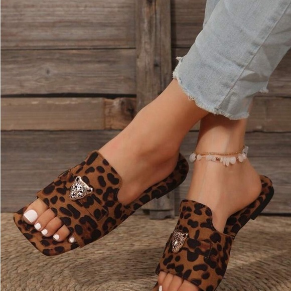 Shoes - Brown Leopard Print Slide Sandals